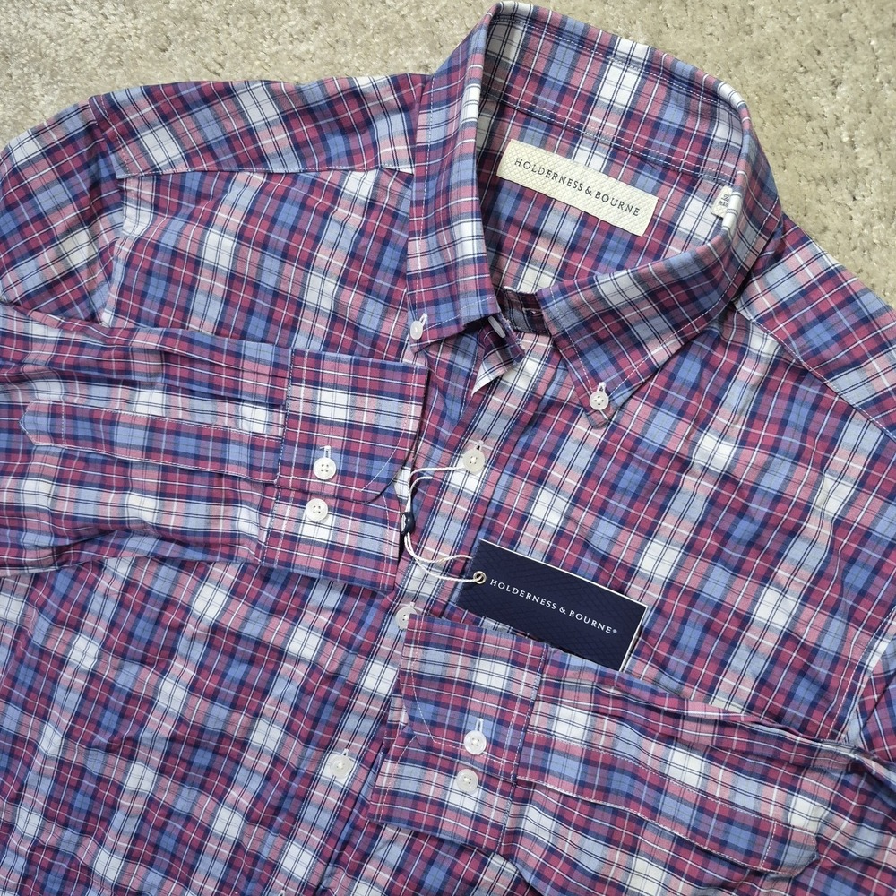 Holderness & Bourne Andrews Shirt Mens Large Pink Plaid Cotton Stretch Preppy